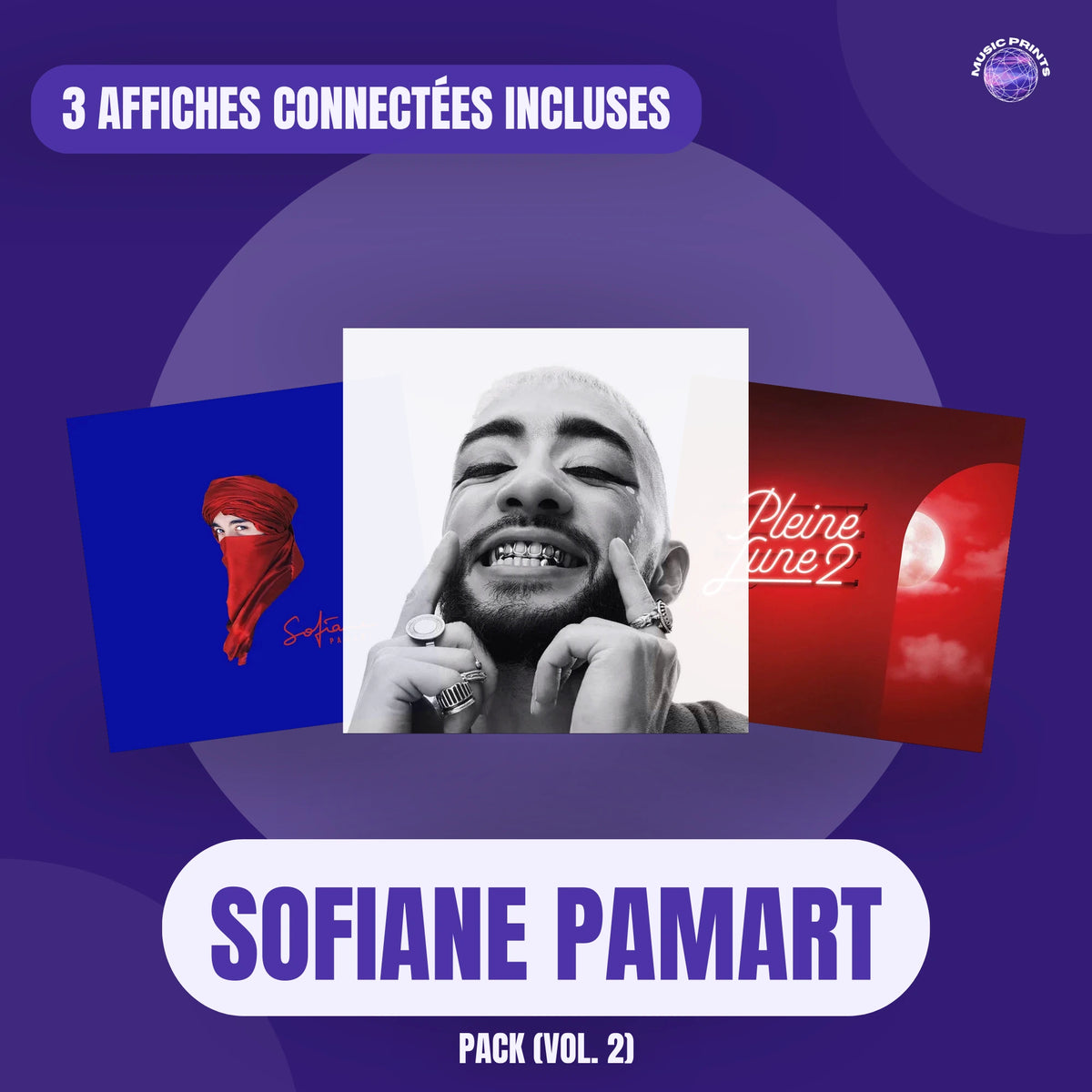 Pack de 3 affiches de Sofiane Pamart : PLANET, NOCHE et Pleine Lune 2, posters connectés NFC 30 × 30 cm