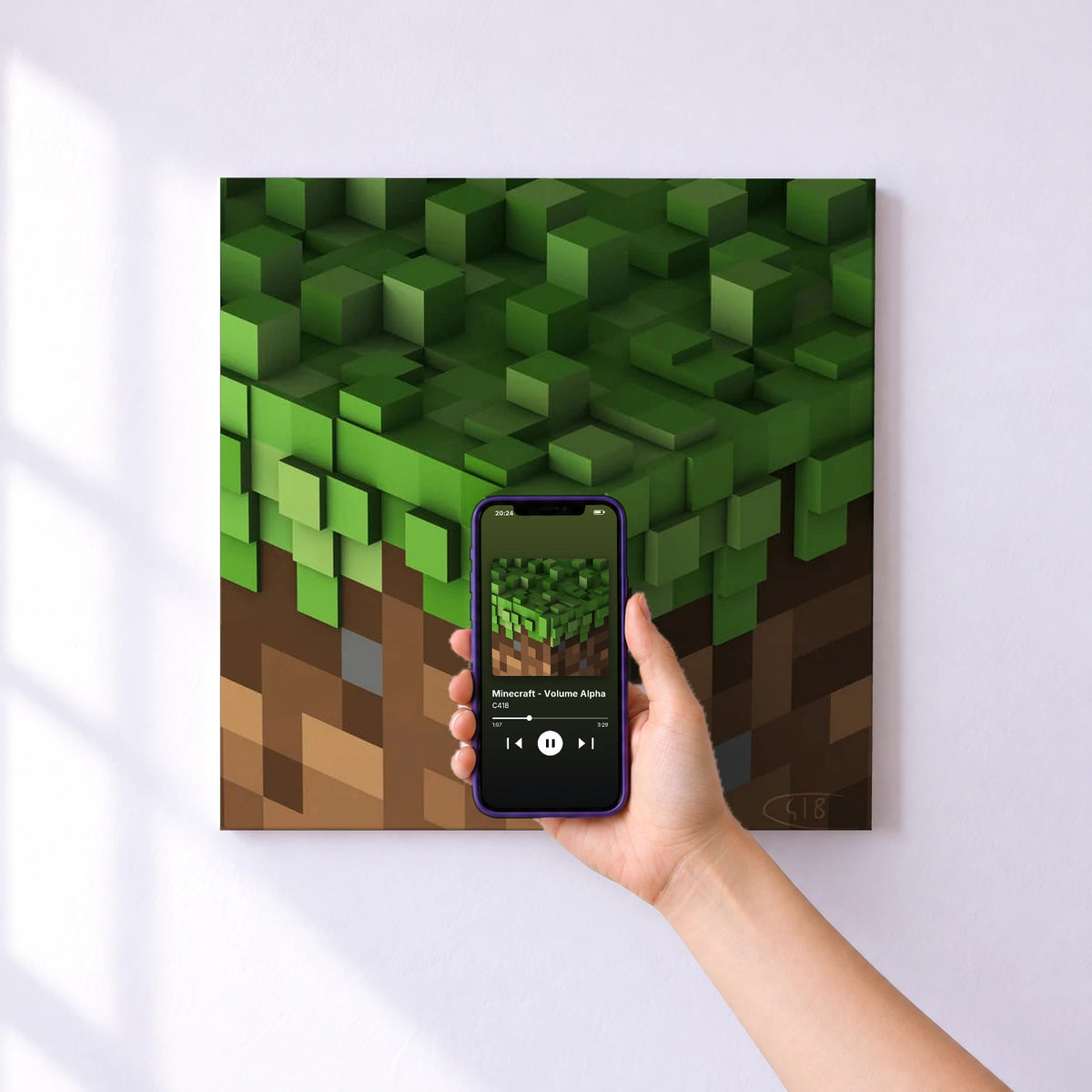 Affiche connectée Minecraft - Volume Alpha de C418 au mur : l'album se lance en approchant le téléphone
