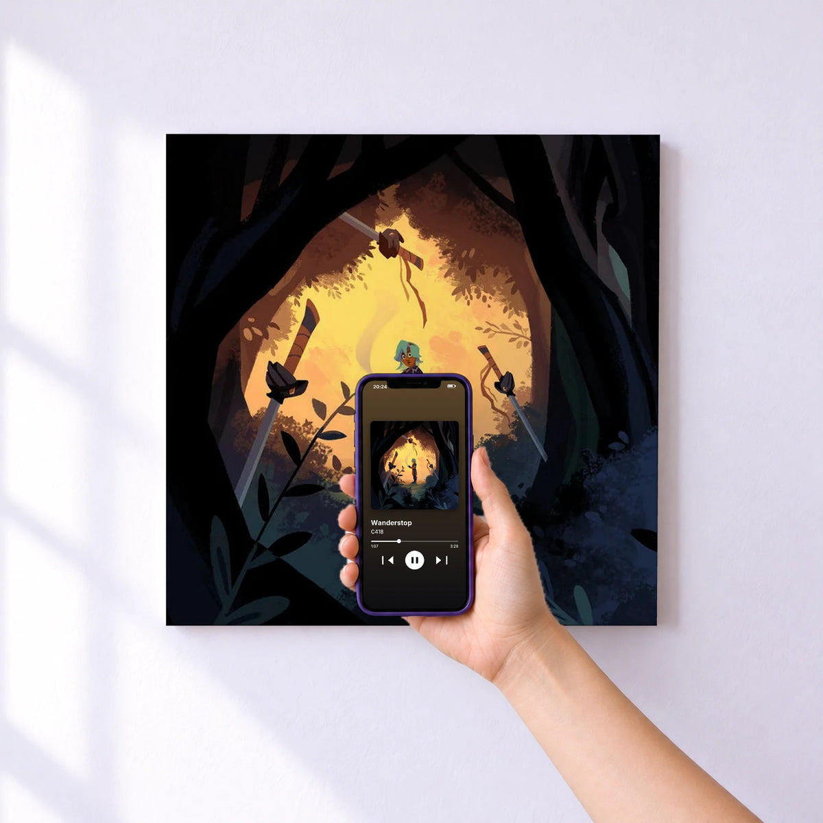 Affiche connectée Wanderstop de C418 au mur : l'album se lance en approchant le téléphone