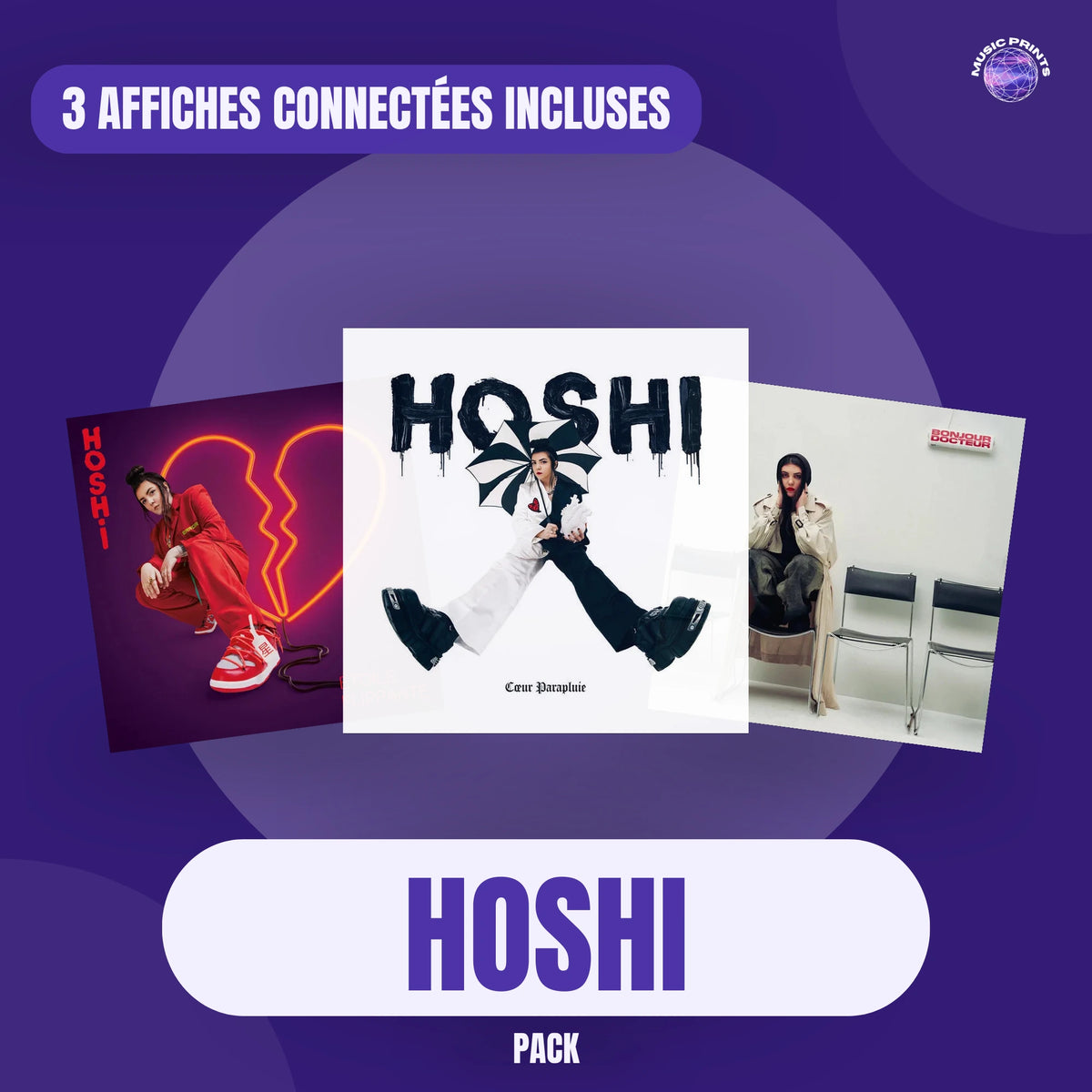 Pack de 3 affiches de Hoshi : Étoile flippante (Version deluxe), Cœur parapluie et Bonjour docteur, posters connectés NFC 30 × 30 cm