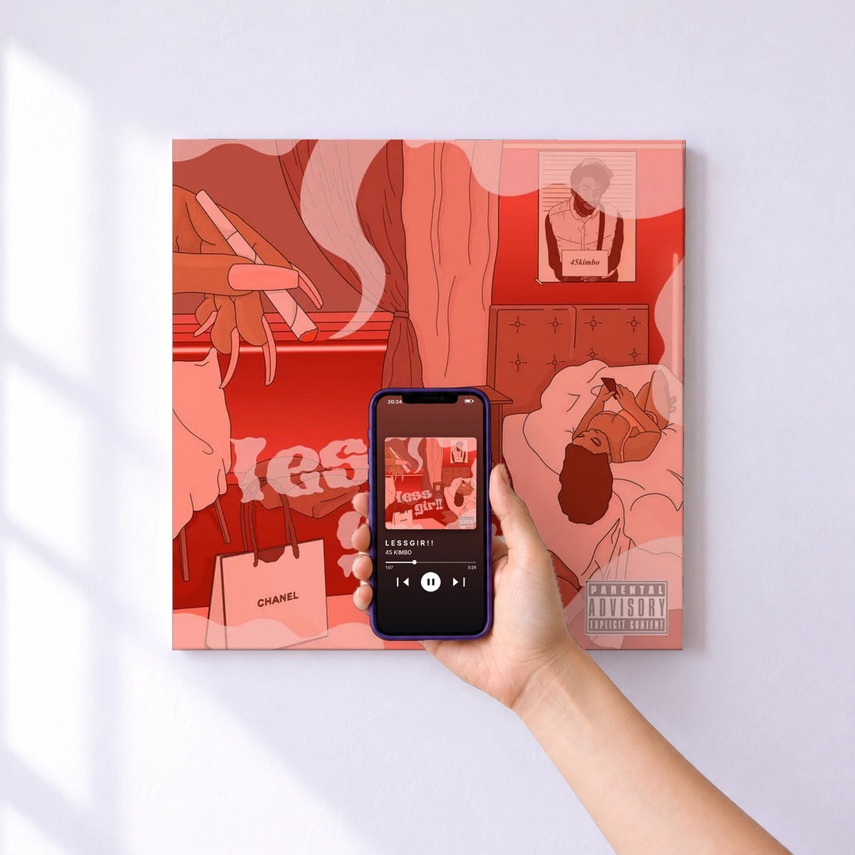 Affiche connectée L E S S G I R ! ! de 45 KIMBO au mur : l'album se lance en approchant le téléphone