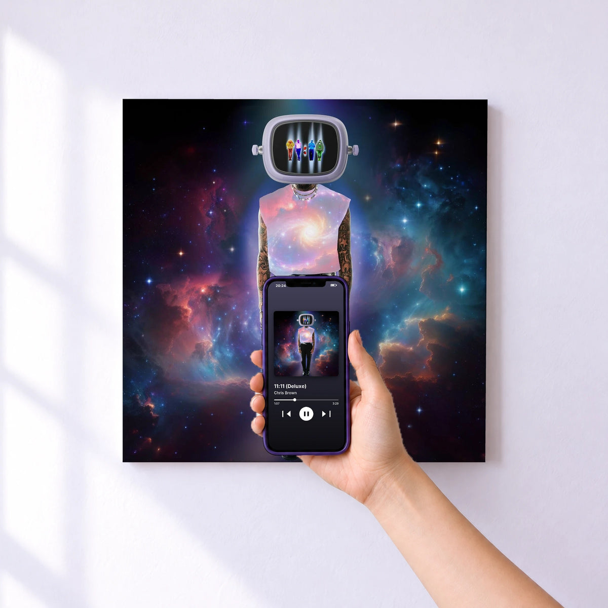 Affiche connectée 11:11 (Deluxe) de Chris Brown au mur : l'album se lance en approchant le téléphone
