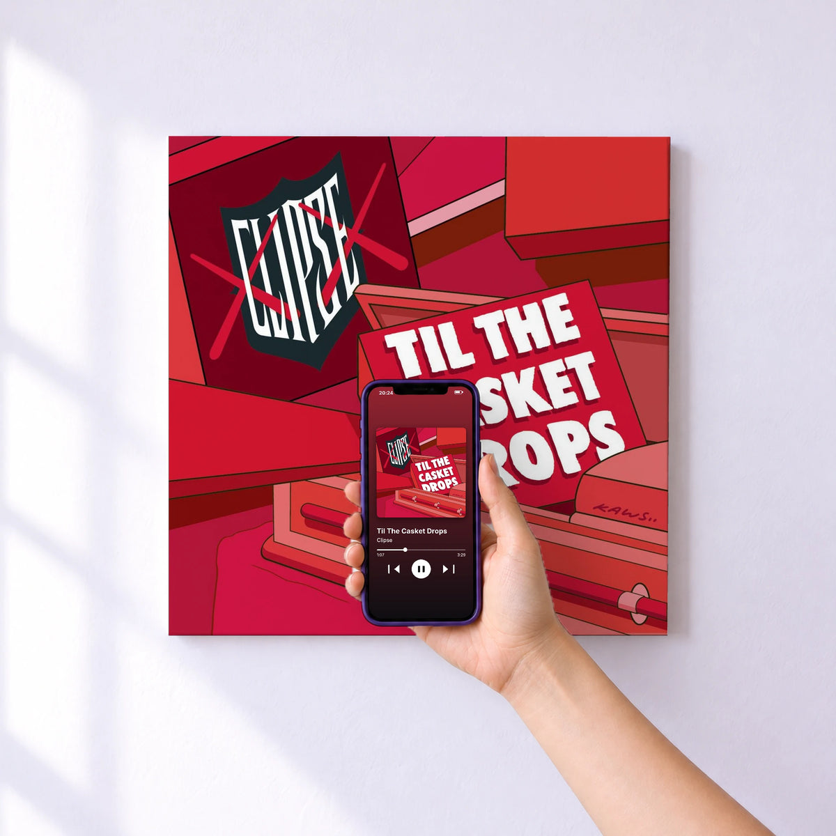 Affiche connectée Til The Casket Drops de Clipse au mur : l'album se lance en approchant le téléphone