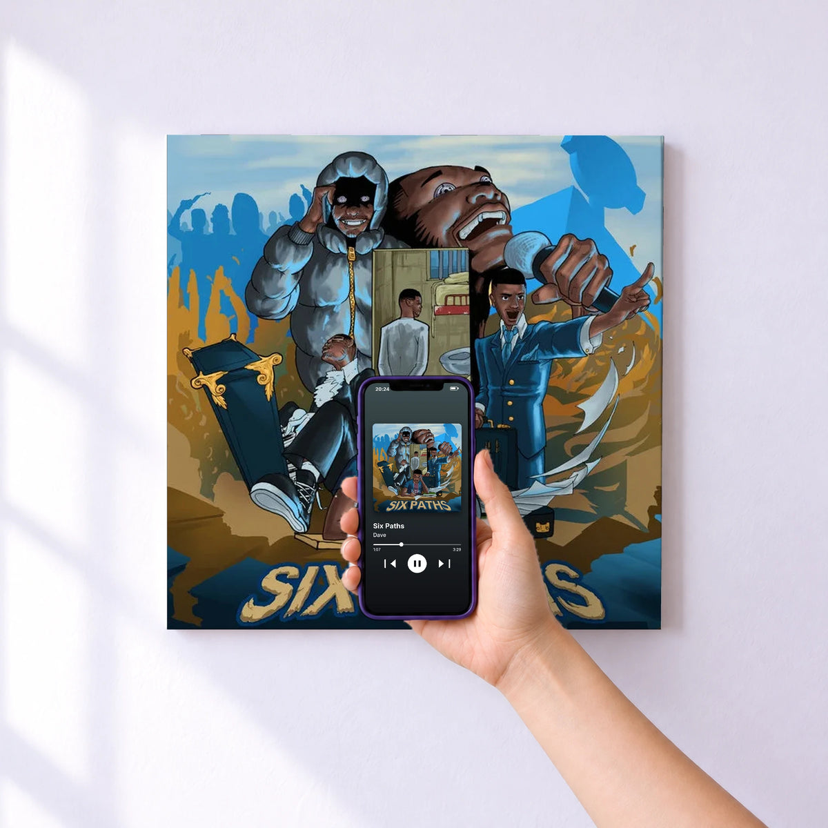 Affiche connectée Six Paths de Dave au mur : l'album se lance en approchant le téléphone