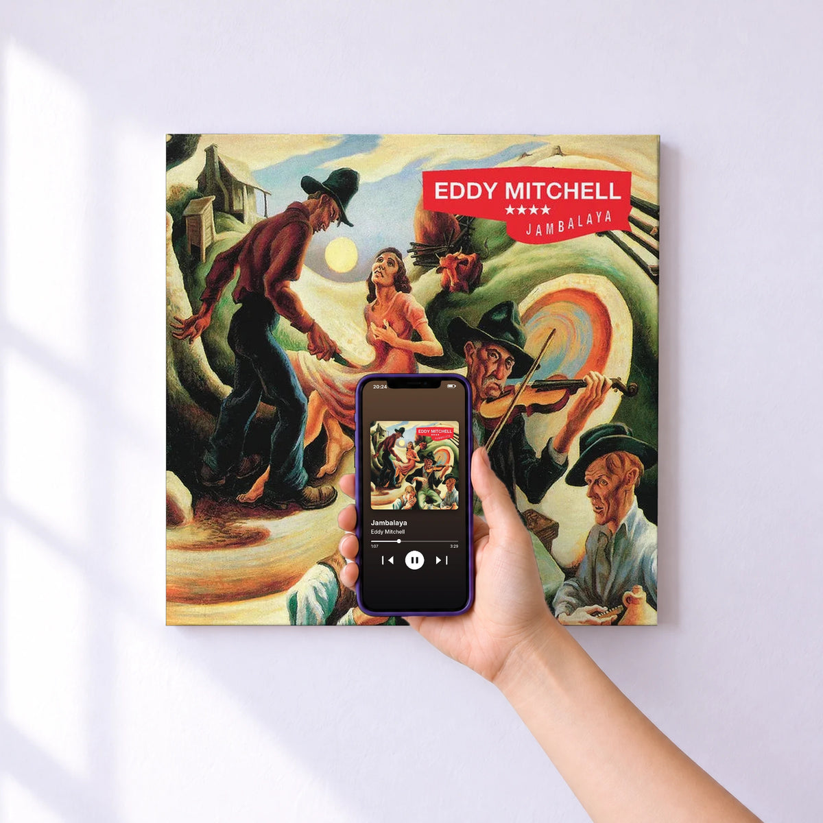 Affiche connectée Jambalaya de Eddy Mitchell au mur : l'album se lance en approchant le téléphone