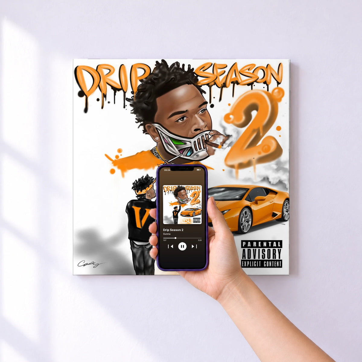 Affiche connectée Drip Season 2 de Gunna au mur : l'album se lance en approchant le téléphone