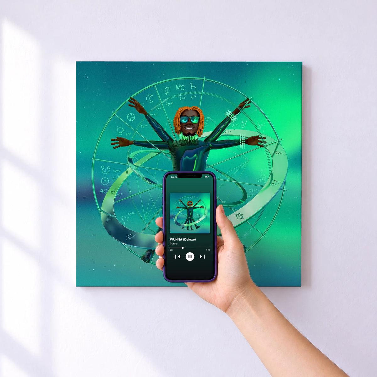 Affiche connectée WUNNA (Deluxe) de Gunna au mur : l'album se lance en approchant le téléphone