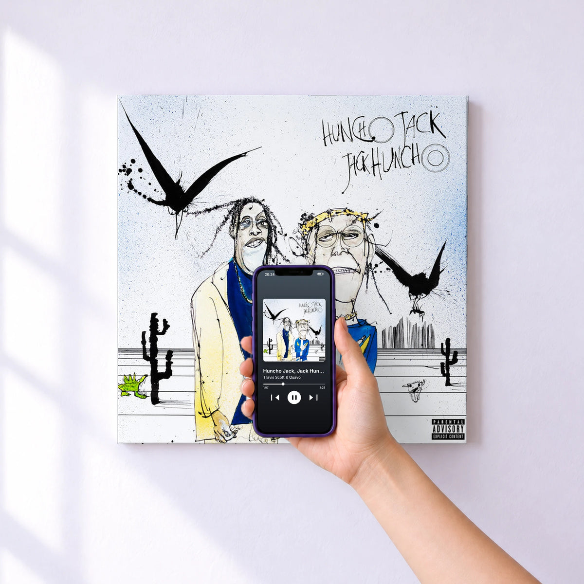 Affiche connectée Huncho Jack, Jack Huncho de Travis Scott & Quavo au mur : l'album se lance en approchant le téléphone