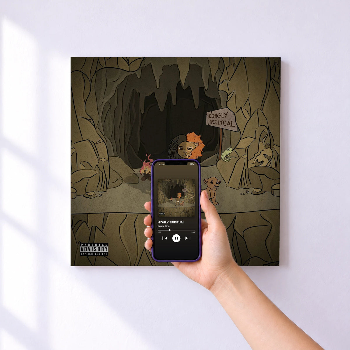 Affiche connectée HIGHLY SPIRITUAL de Jeune Lion au mur : l'album se lance en approchant le téléphone