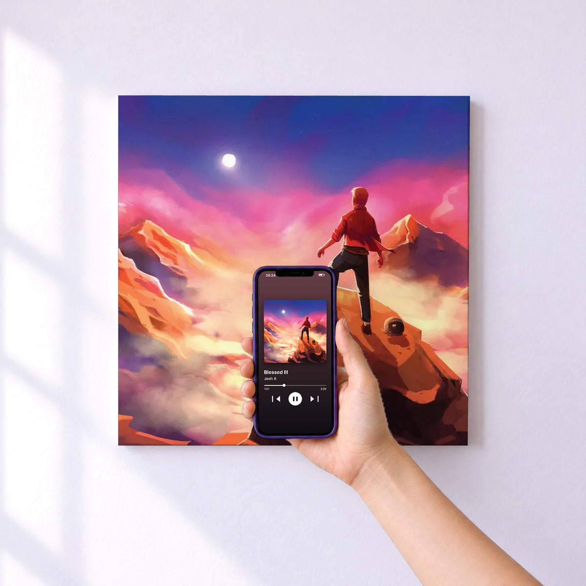 Affiche connectée Blessed III de Josh A au mur : l'album se lance en approchant le téléphone