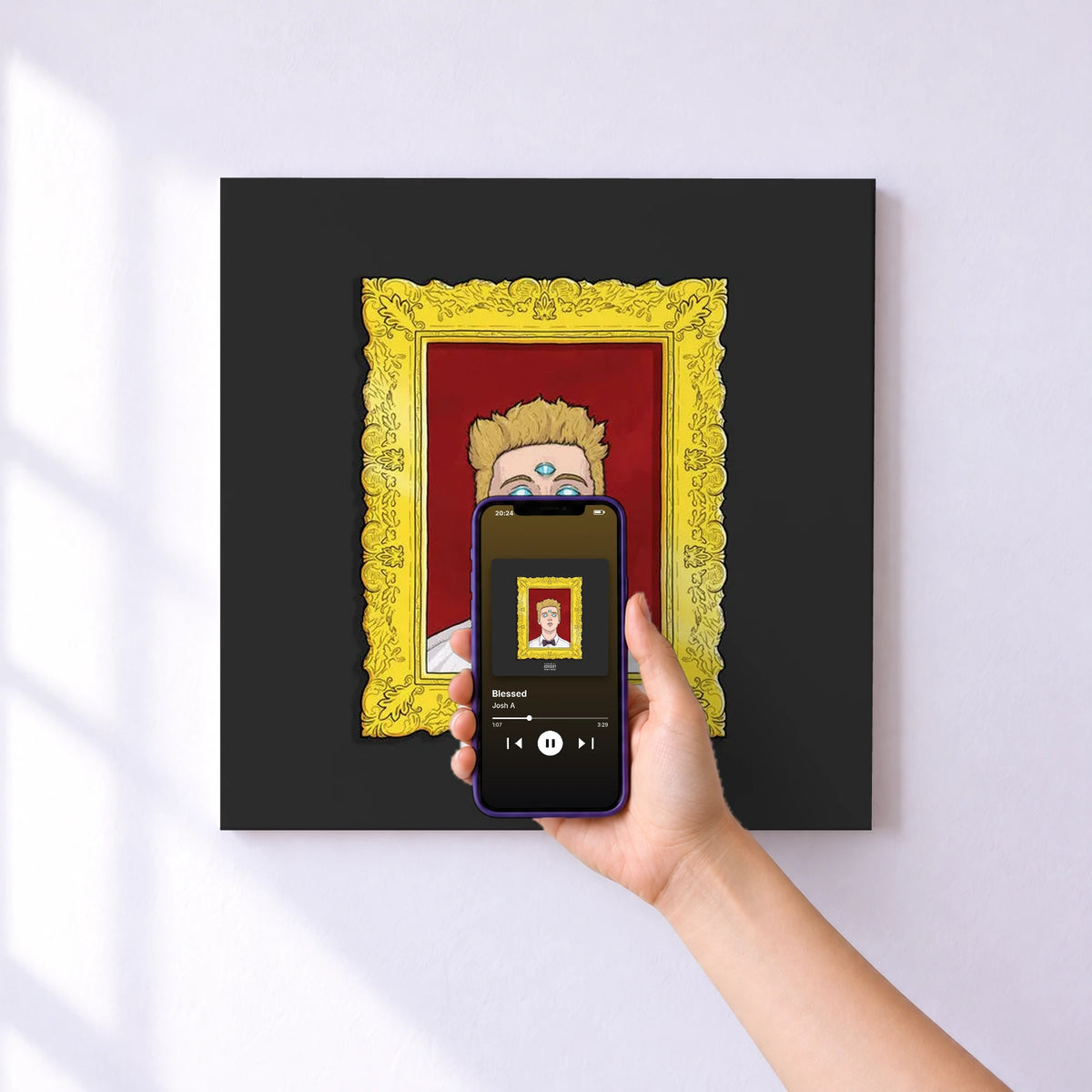 Affiche connectée Blessed de Josh A au mur : l'album se lance en approchant le téléphone
