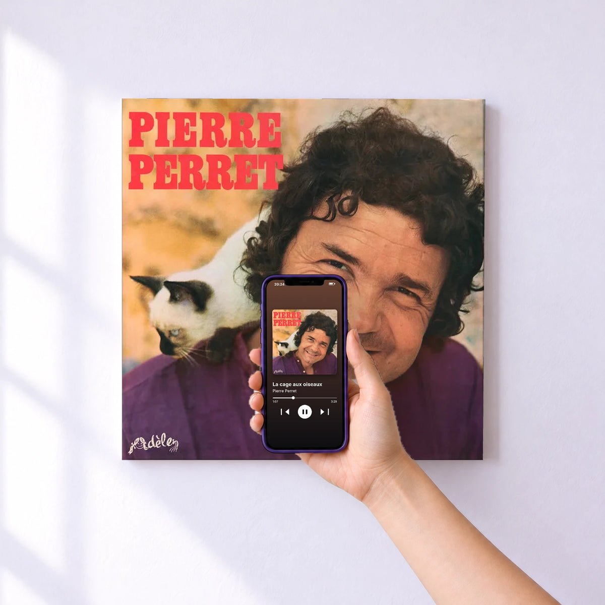 Affiche connectée La cage aux oiseaux de Pierre Perret au mur : l'album se lance en approchant le téléphone