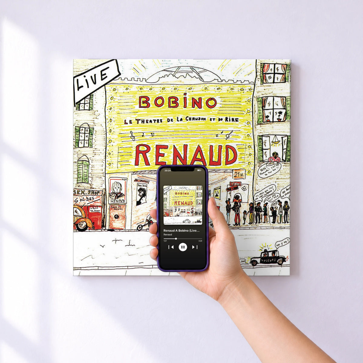 Affiche connectée Renaud A Bobino (Live Bobino, Paris / 1980) de Renaud au mur : l'album se lance en approchant le téléphone