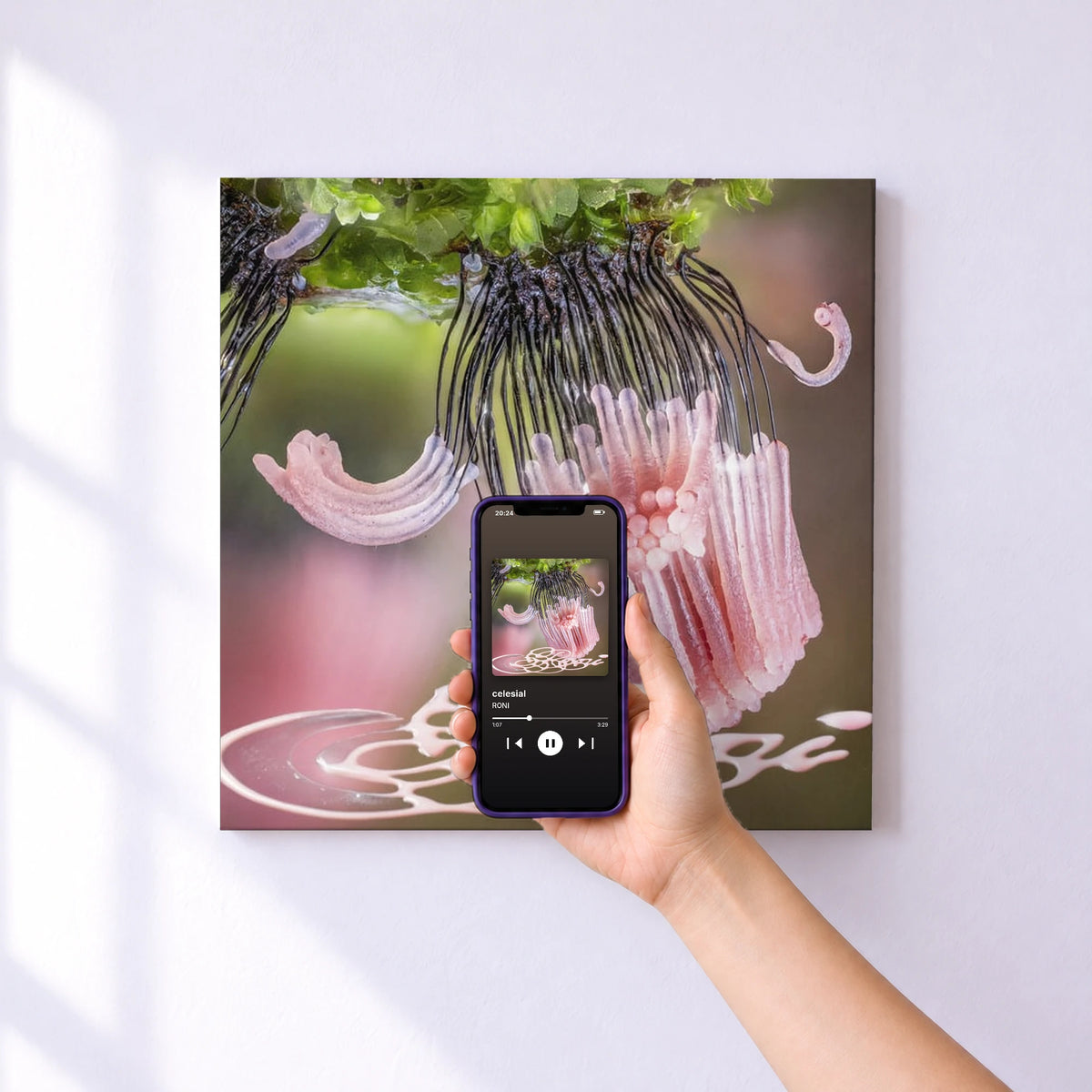 Affiche connectée celesial de RONI au mur : l'album se lance en approchant le téléphone