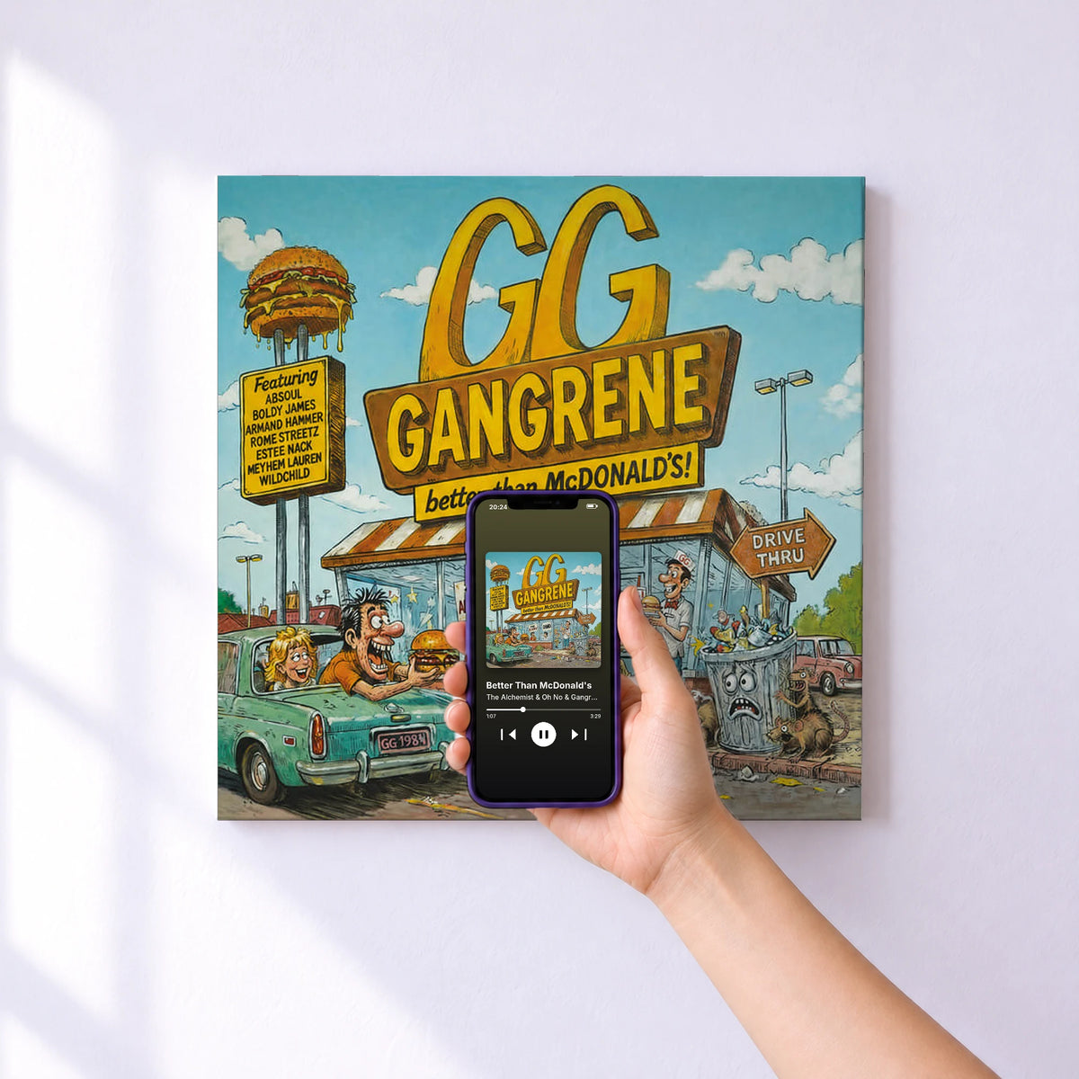 Affiche connectée Better Than McDonald's de The Alchemist & Oh No & Gangrene au mur : l'album se lance en approchant le téléphone