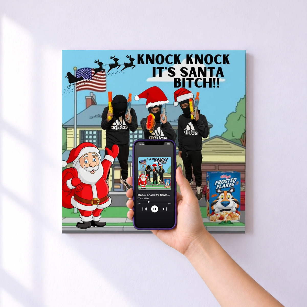 Affiche connectée Knock Knock It's Santa Bitch de Yuno Miles au mur : l'album se lance en approchant le téléphone