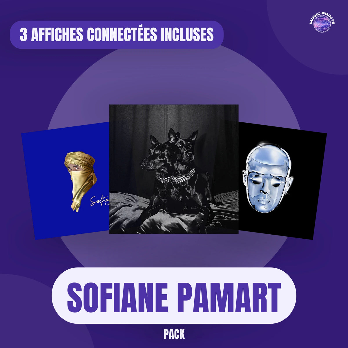 Pack de 3 affiches de Sofiane Pamart : PLANET GOLD, FOREVER FRIENDS et LETTER, posters connectés NFC 30 × 30 cm