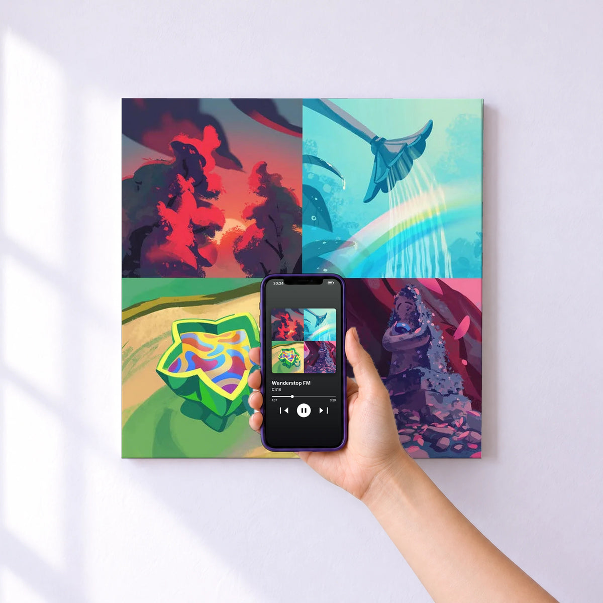 Affiche connectée Wanderstop FM de C418 au mur : l'album se lance en approchant le téléphone