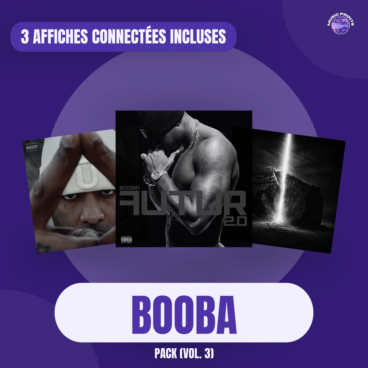 Pack de 3 affiches de Booba : D.U.C., Futur 2.0 (Deluxe) et Blanco nemesis, posters connectés NFC 30 × 30 cm