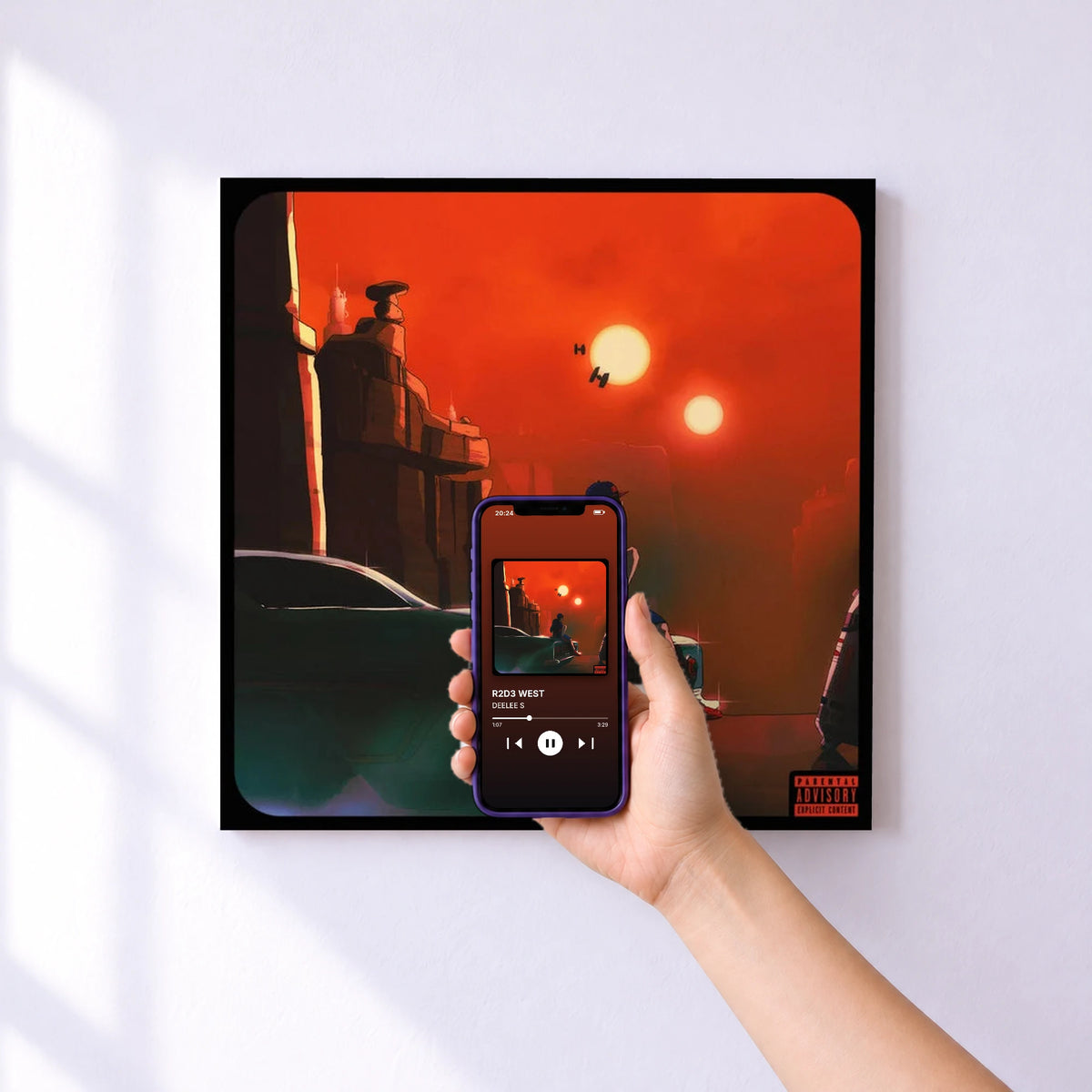 Affiche connectée R2D3 WEST de DEELEE S au mur : l'album se lance en approchant le téléphone