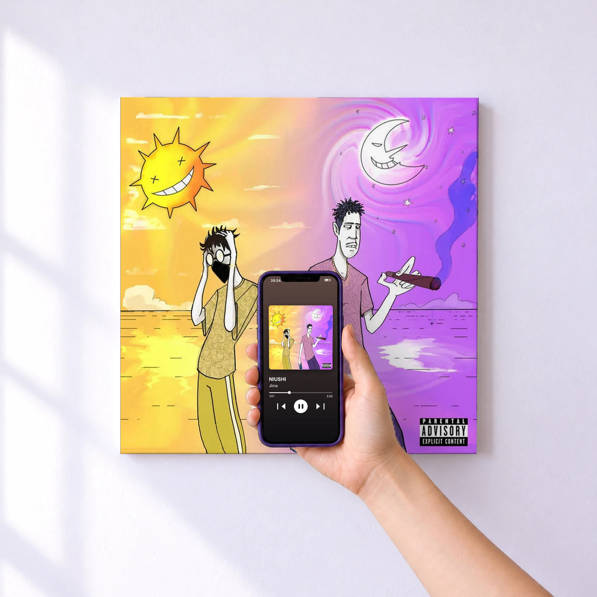 Affiche connectée NIUSHI de Jima au mur : l'album se lance en approchant le téléphone
