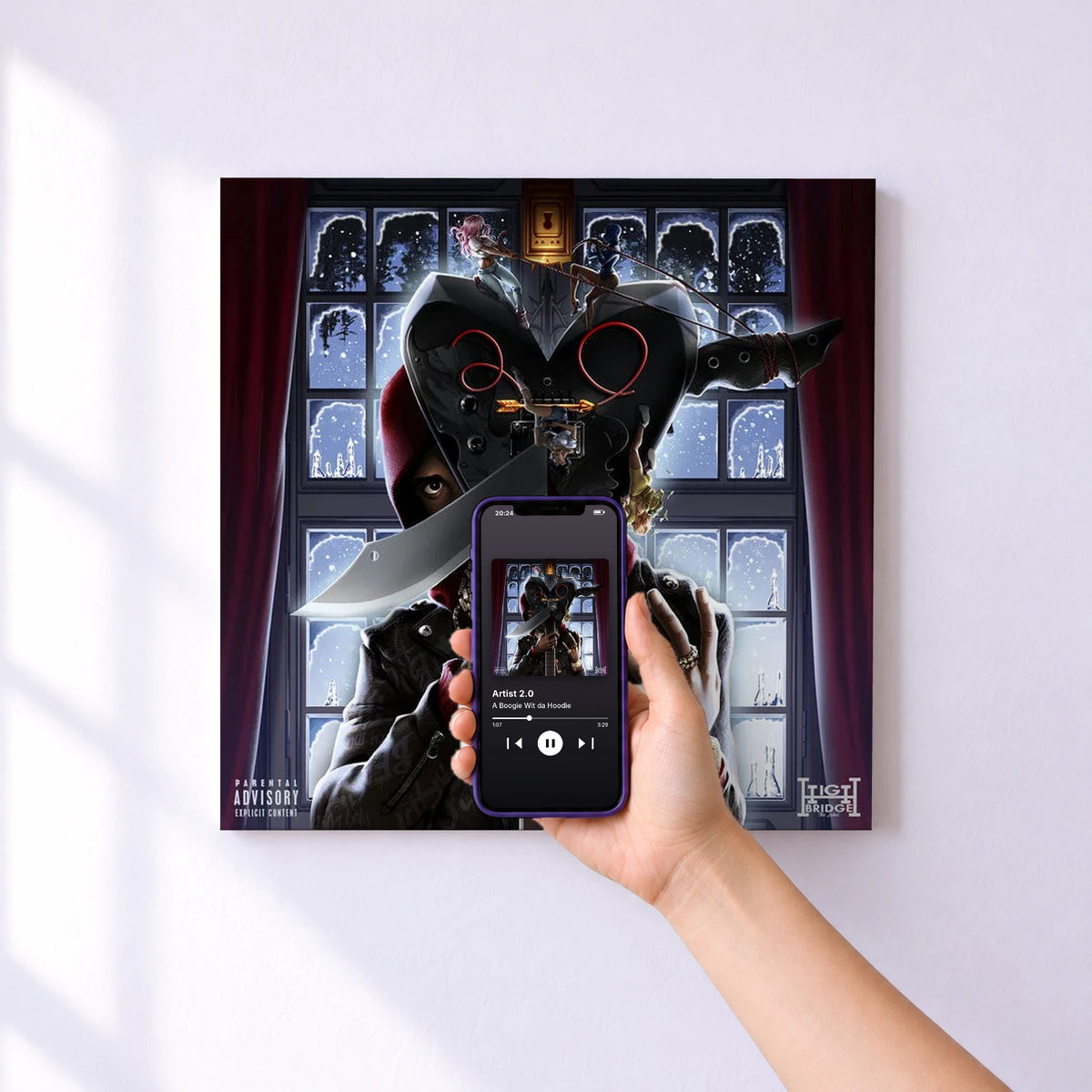 Affiche connectée Artist 2.0 de A Boogie Wit da Hoodie au mur : l'album se lance en approchant le téléphone