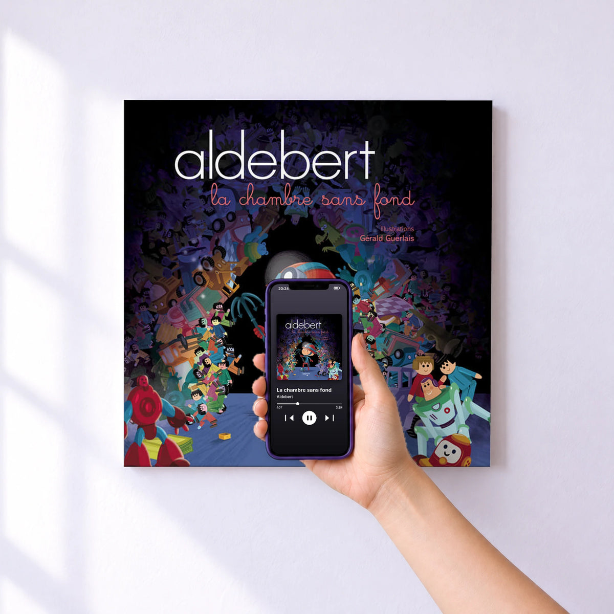 Affiche connectée La chambre sans fond de Aldebert au mur : l'album se lance en approchant le téléphone