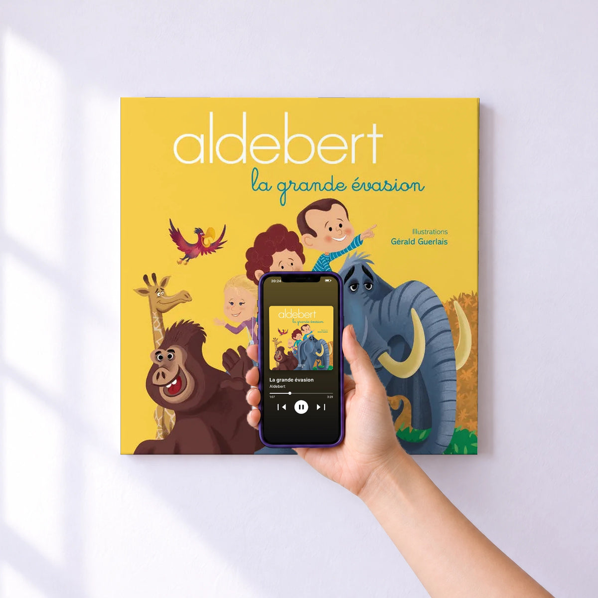 Affiche connectée La grande évasion de Aldebert au mur : l'album se lance en approchant le téléphone