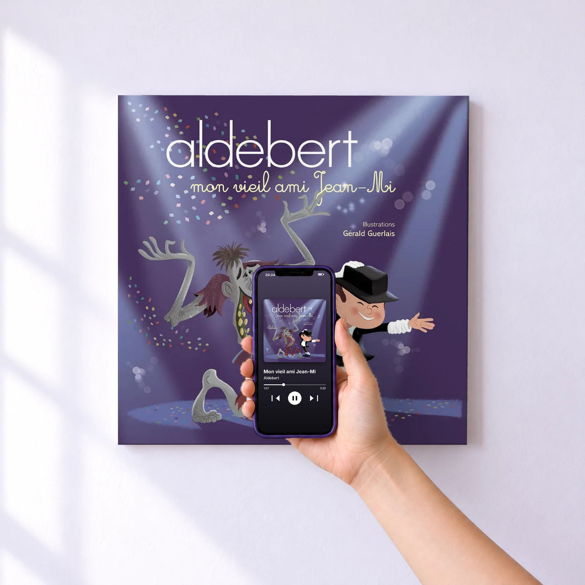 Affiche connectée Mon vieil ami Jean-Mi de Aldebert au mur : l'album se lance en approchant le téléphone