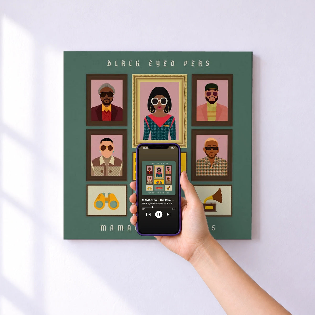 Affiche connectée MAMACITA – The Remixes de Black Eyed Peas & Ozuna & J. Rey Soul au mur : l'album se lance en approchant le téléphone