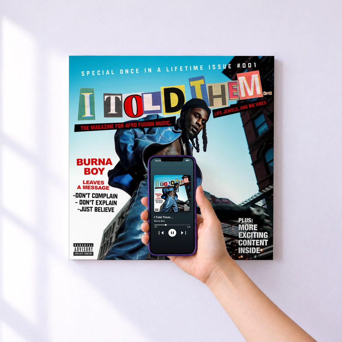 Affiche connectée I Told Them... de Burna Boy au mur : l'album se lance en approchant le téléphone