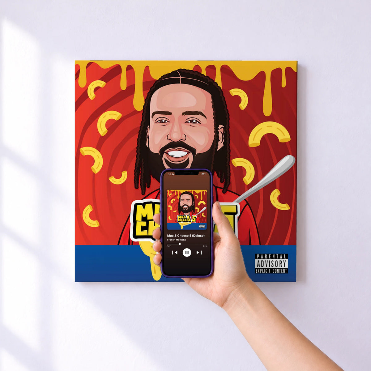 Affiche connectée Mac & Cheese 5 (Deluxe) de French Montana au mur : l'album se lance en approchant le téléphone