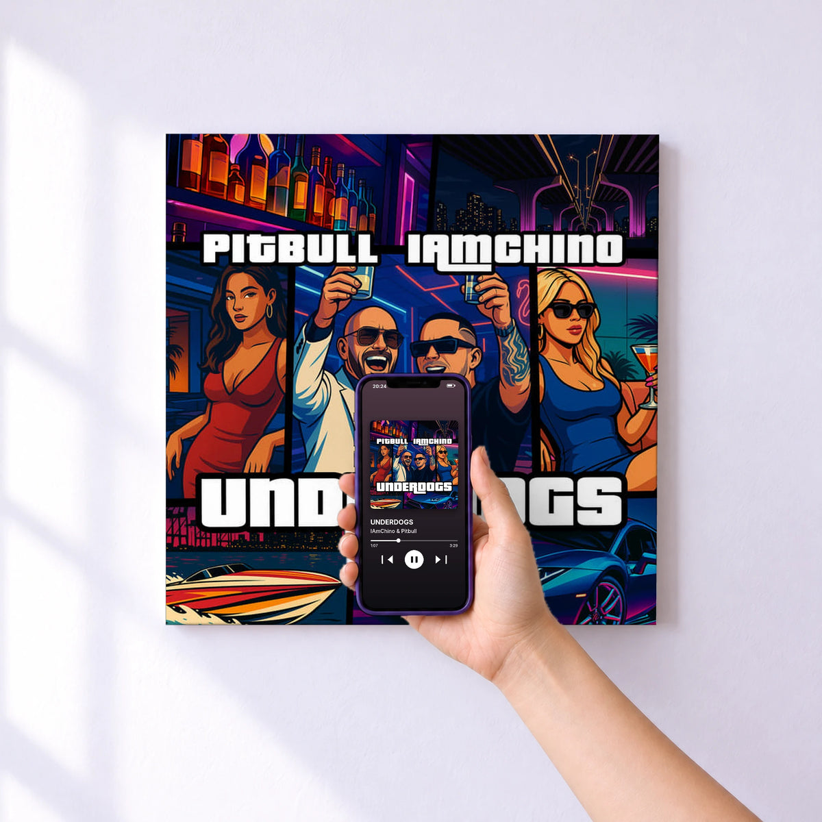 Affiche connectée UNDERDOGS de IAmChino & Pitbull au mur : l'album se lance en approchant le téléphone