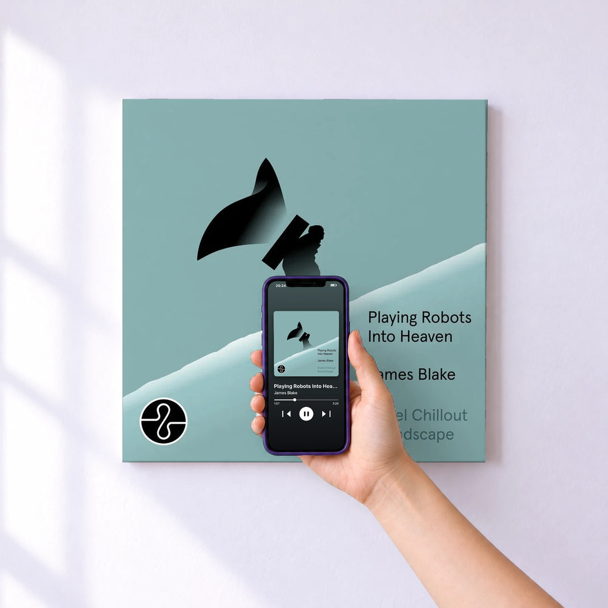 Affiche connectée Playing Robots Into Heaven (Endel Chillout Soundscape) de James Blake au mur : l'album se lance en approchant le téléphone