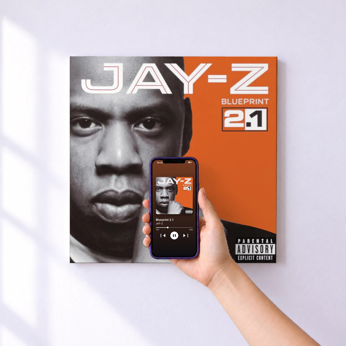 Affiche connectée Blueprint 2.1 de JAŸ-Z au mur : l'album se lance en approchant le téléphone
