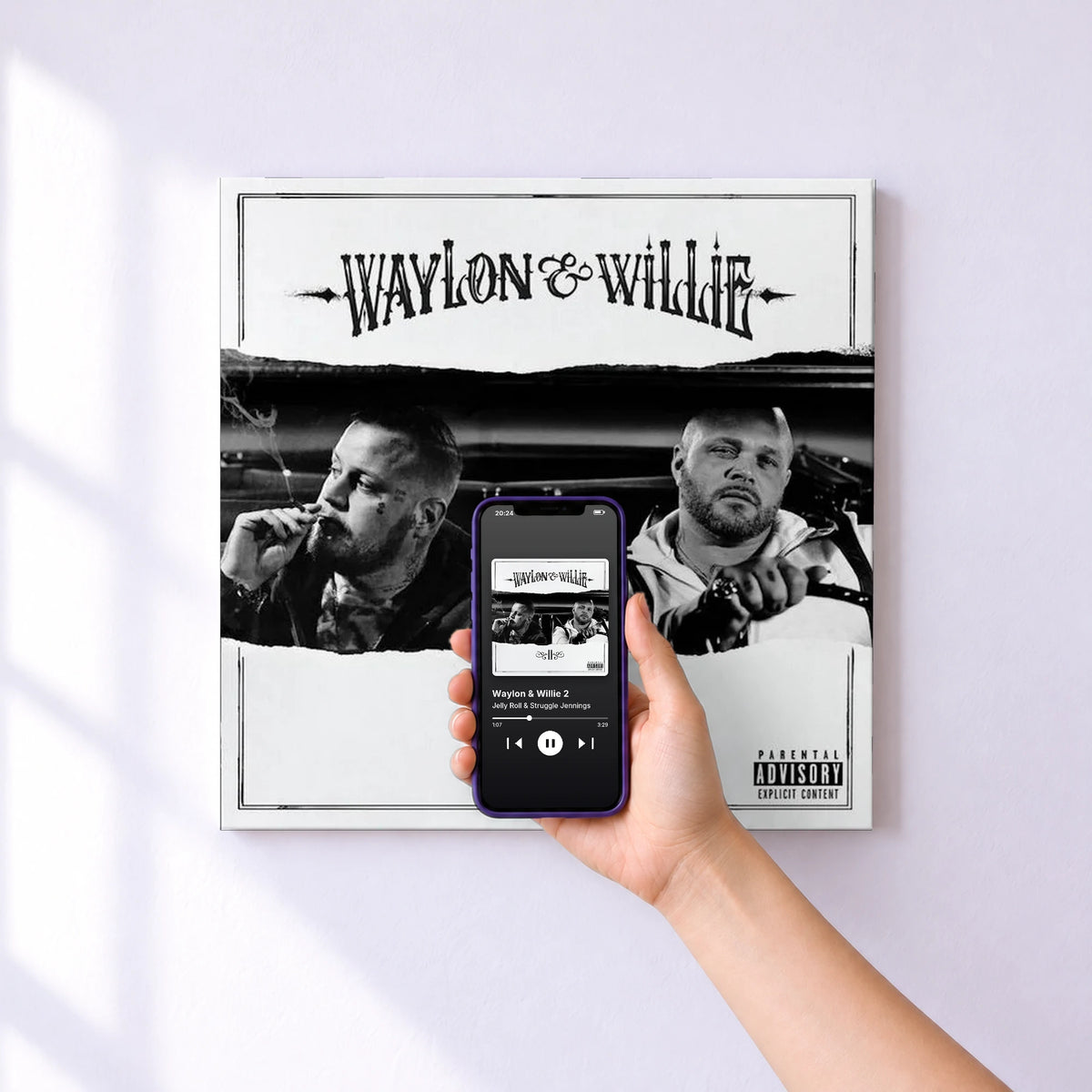 Affiche connectée Waylon & Willie 2 de Jelly Roll & Struggle Jennings au mur : l'album se lance en approchant le téléphone