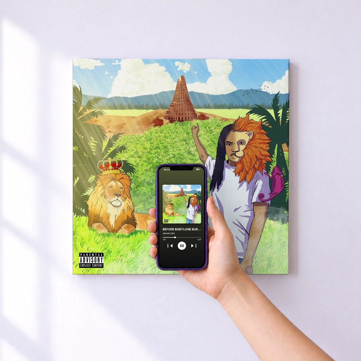 Affiche connectée BEFORE BABYLONE BURNT de Jeune Lion au mur : l'album se lance en approchant le téléphone