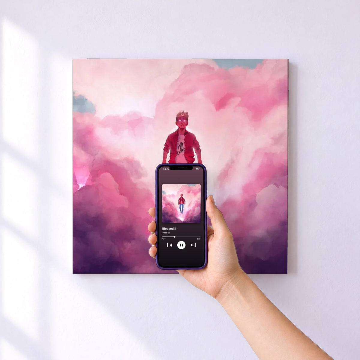 Affiche connectée Blessed II de Josh A au mur : l'album se lance en approchant le téléphone