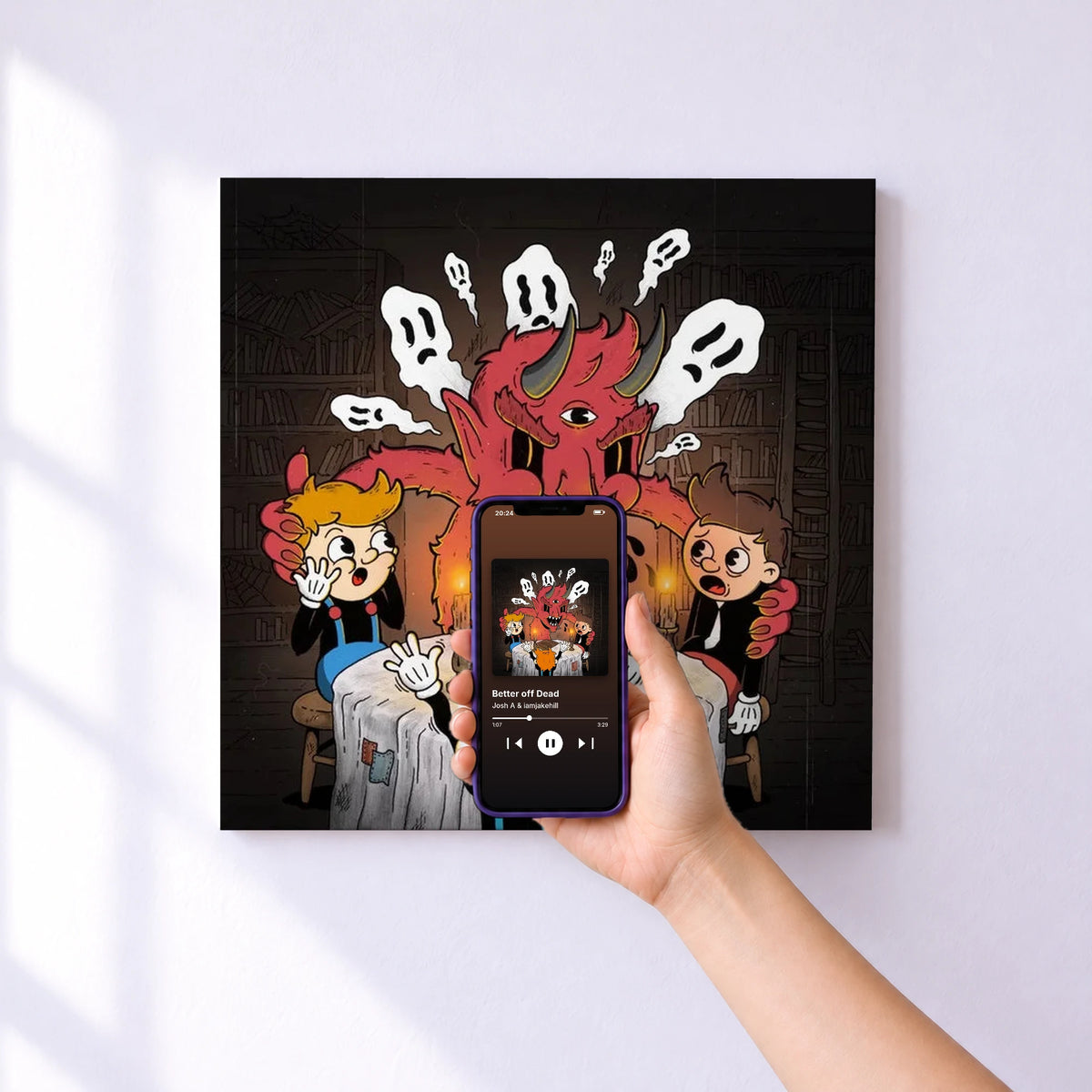Affiche connectée Better off Dead de Josh A & iamjakehill au mur : l'album se lance en approchant le téléphone