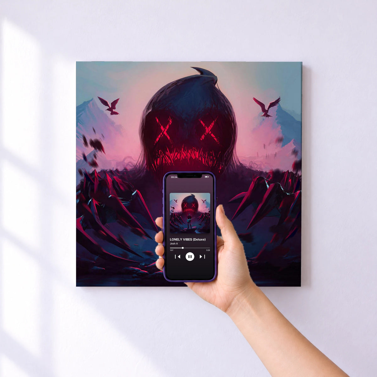 Affiche connectée LONELY VIBES (Deluxe) de Josh A au mur : l'album se lance en approchant le téléphone