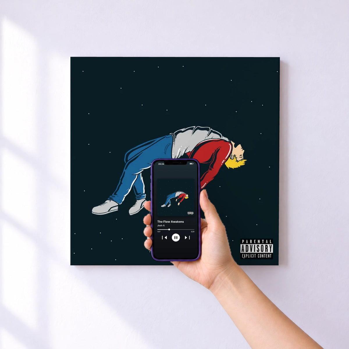 Affiche connectée The Flow Awakens de Josh A au mur : l'album se lance en approchant le téléphone