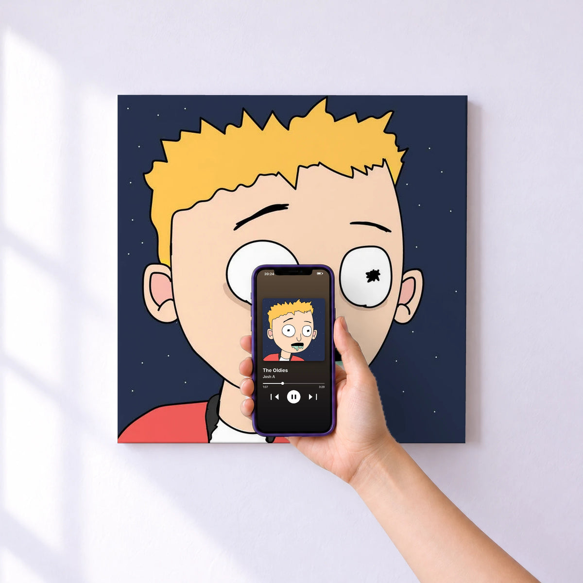 Affiche connectée The Oldies de Josh A au mur : l'album se lance en approchant le téléphone