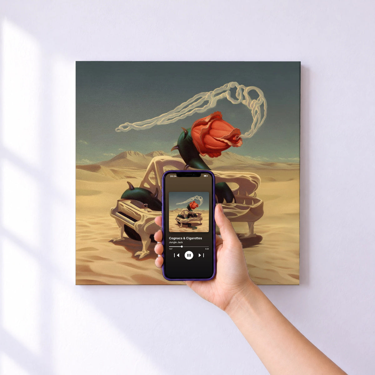 Affiche connectée Cognacs & Cigarettes de Jungle Jack au mur : l'album se lance en approchant le téléphone