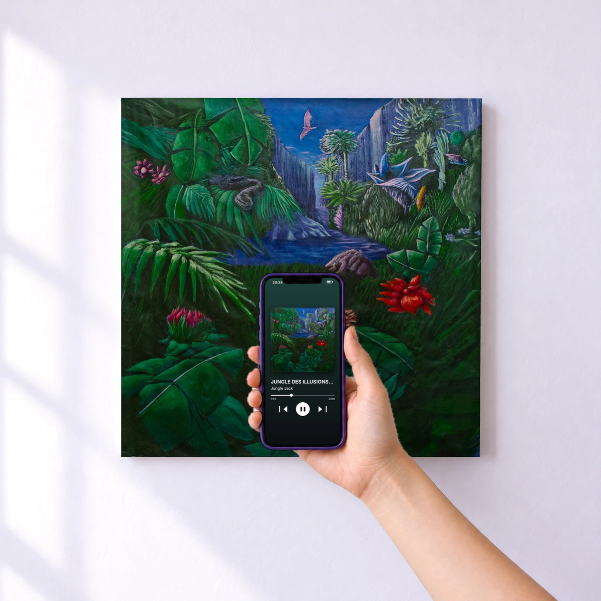 Affiche connectée JUNGLE DES ILLUSIONS VOL 1 de Jungle Jack au mur : l'album se lance en approchant le téléphone