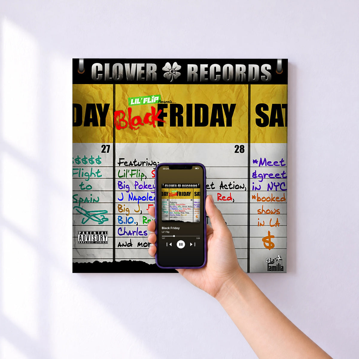 Affiche connectée Black Friday de Lil' Flip au mur : l'album se lance en approchant le téléphone