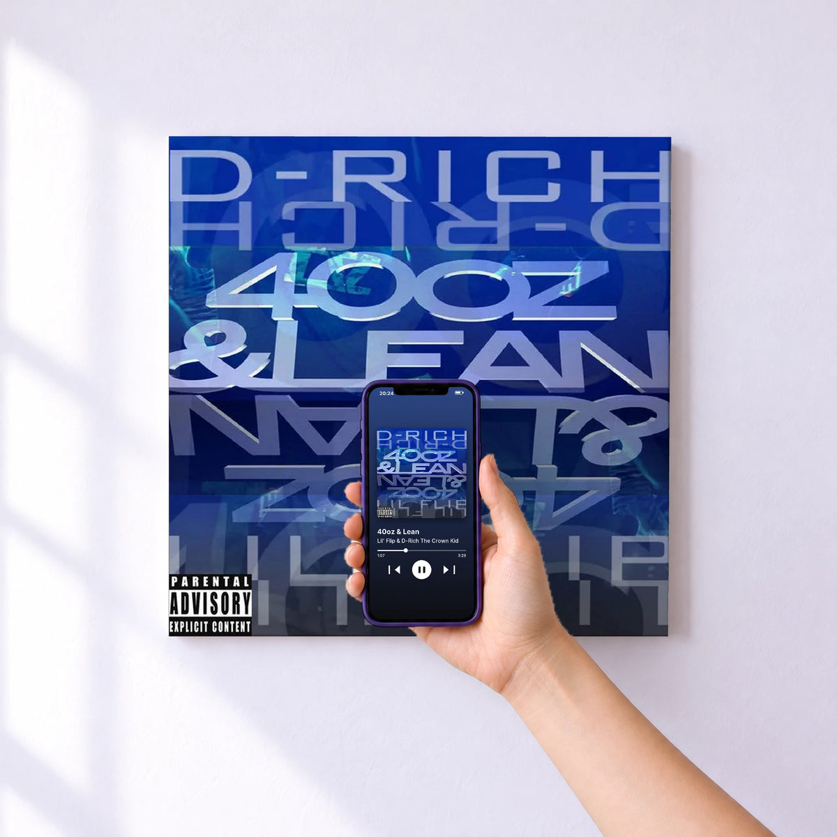Affiche connectée 40oz & Lean de Lil' Flip & D-Rich The Crown Kid au mur : l'album se lance en approchant le téléphone