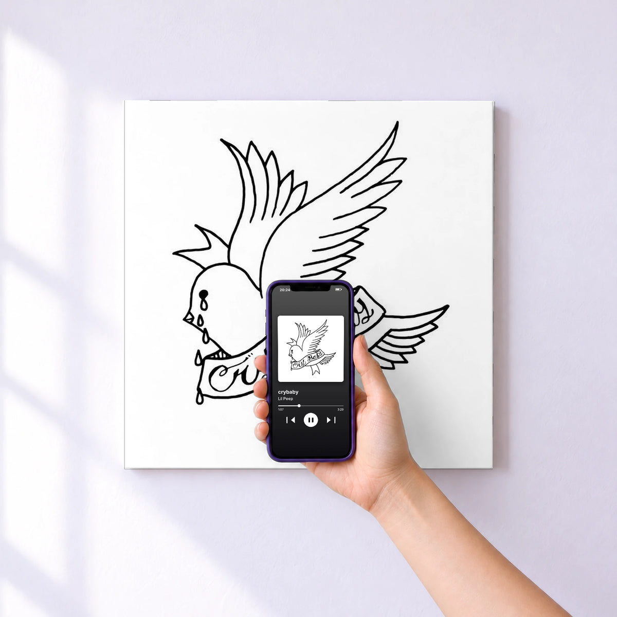 Affiche connectée crybaby de Lil Peep au mur : l'album se lance en approchant le téléphone