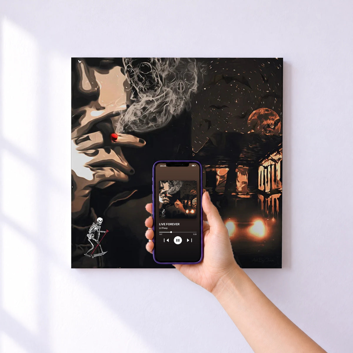 Affiche connectée LIVE FOREVER de Lil Peep au mur : l'album se lance en approchant le téléphone
