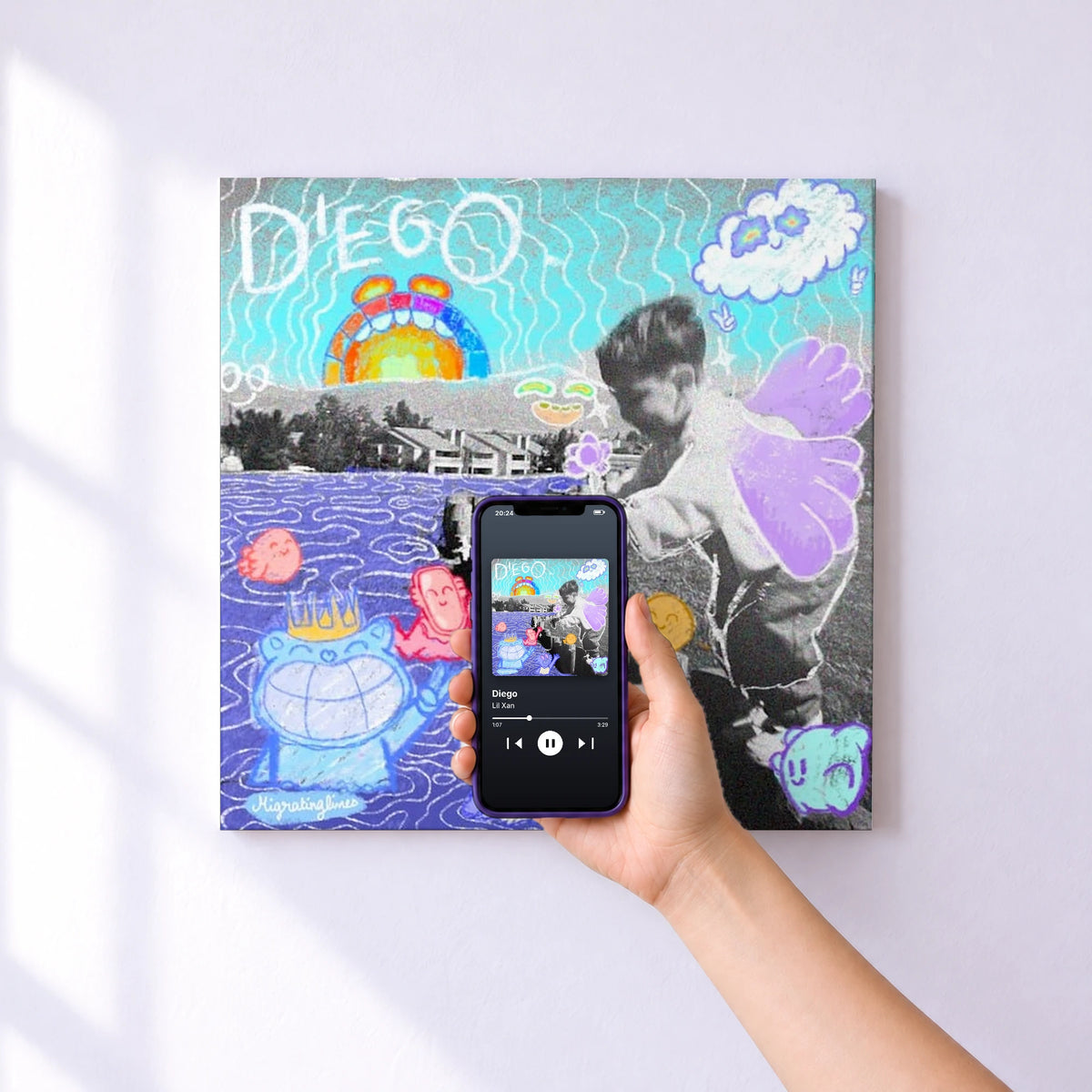 Affiche connectée Diego de Lil Xan au mur : l'album se lance en approchant le téléphone