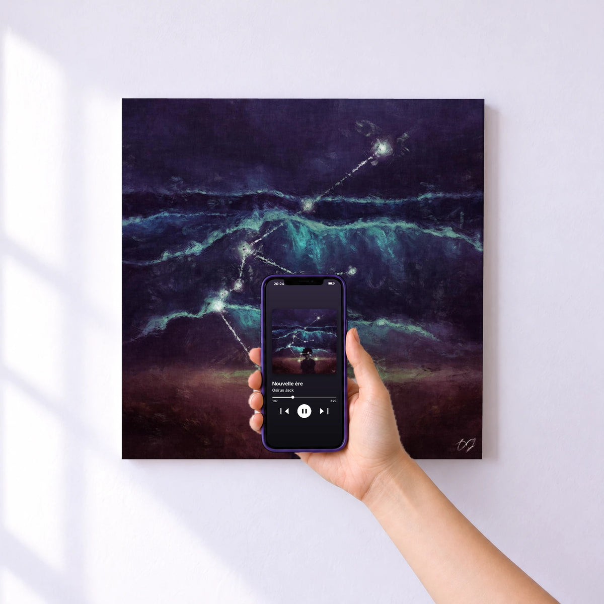 Affiche connectée Nouvelle ère de Osirus Jack au mur : l'album se lance en approchant le téléphone